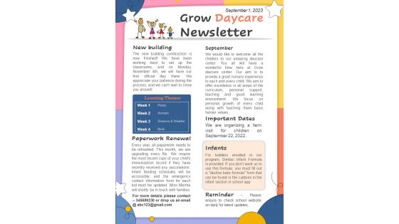 One Page Daycare Center Newsletter Presentation Report Infographic Ppt Pdf Document