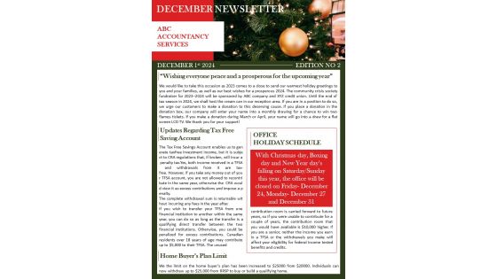 Bifold One Page December Monthly Newsletter For Accountancy Agency Presentation Infographic Ppt Pdf Document
