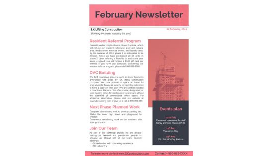 One Page February Newsletter For Construction Company Presentation Report Infographic PPT PDF Document