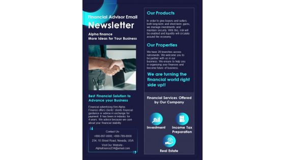 One Page Financial Advisor Newsletter Presentation Report Infographic PPT PDF Document