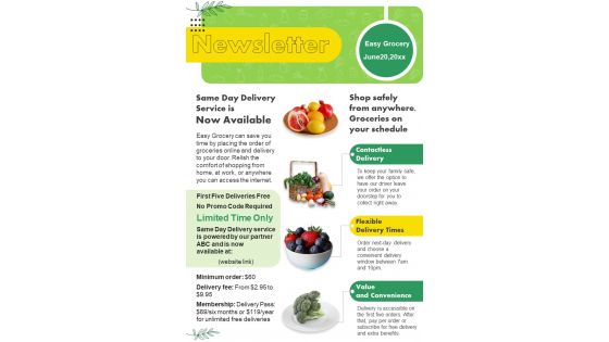 Bifold One Page Grocery Store Newsletter Presentation Report Infographic PPT PDF Document