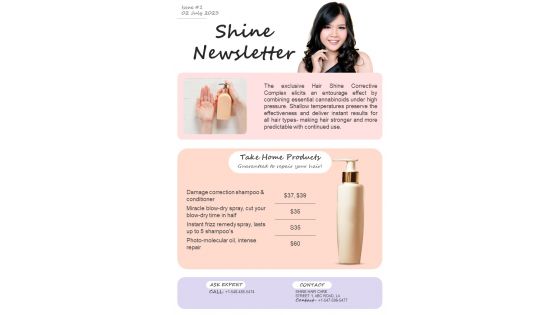 Bifold One Page Hair Company Product Newsletter Presentation Report Infographic Ppt Pdf Document