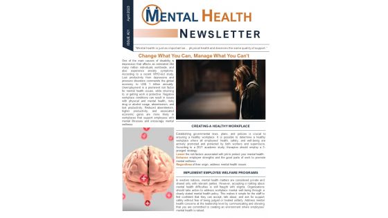 Bifold One Page Mental Health Newsletter Presentation Report Infographic Ppt Pdf Document