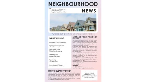 Bifold One Page Neighbourhood Event Newsletter Presentation Report Infographic PPT PDF Document