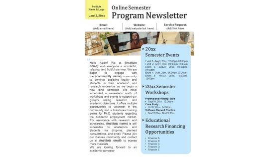 Bifold One Page Online Semester Program Newsletter Presentation Report Infographic PPT PDF Document
