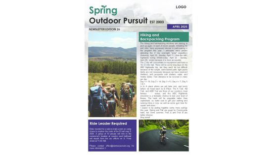 Bifold One Page Outdoor Activity Program Monthly Newsletter Presentation Report Infographic Ppt Pdf Document