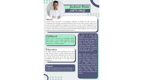 Bifold One Page Professional Biography Newsletter Presentation Report Infographic PPT PDF Document