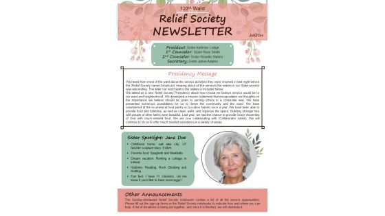 Bifold One Page Relief Society Newsletter Presentation Report Infographic Ppt Pdf Document