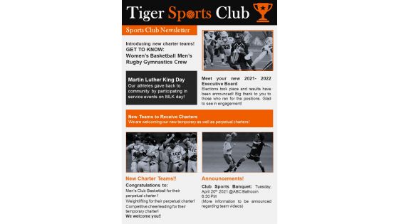 Bifold One Page Sports Club Newsletter Template Presentation Report Infographic Ppt Pdf Document
