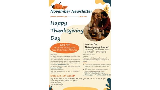 One Page Thanksgiving Newsletter For November Month Presentation Infographic PPT PDF Document