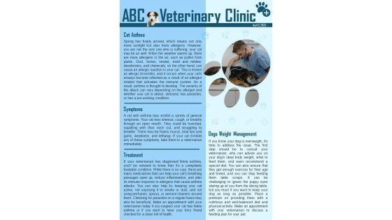 Bifold One Page Veterinary Clinic Newsletter Presentation Report Infographic Ppt Pdf Document