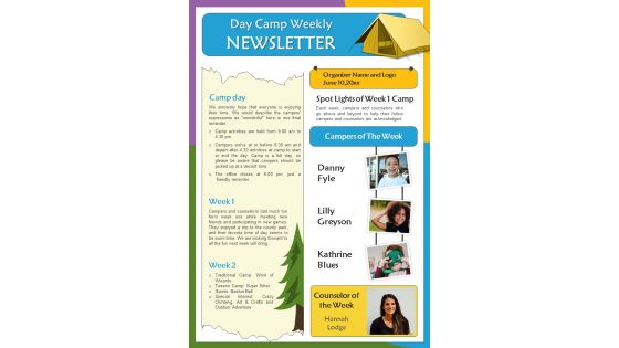 Bifold One Page Weekly Newsletter For Day Camp Presentation Report Infographic Ppt Pdf Document