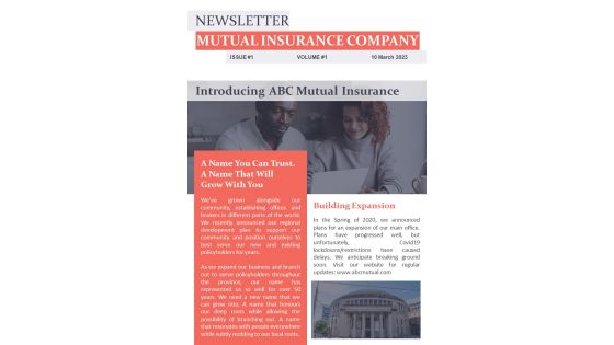 Bifold One Pager Mutual Insurance Company Newsletter Presentation Report Infographic PPT PDF Document