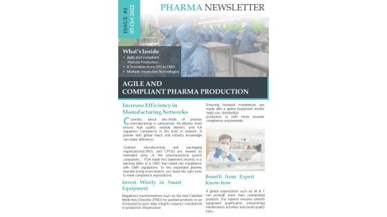 Bifold One Pager Pharma Company Newsletter Presentation Report Infographic Ppt Pdf Document