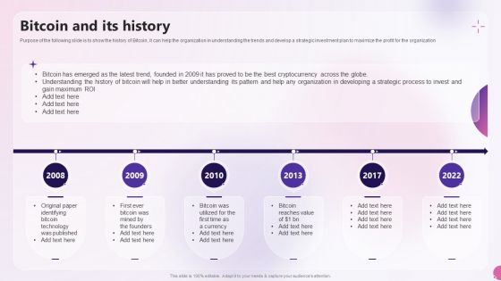 Bitcoin And Its History Decentralized Money Investment Playbook Ppt Slides Infographic Template