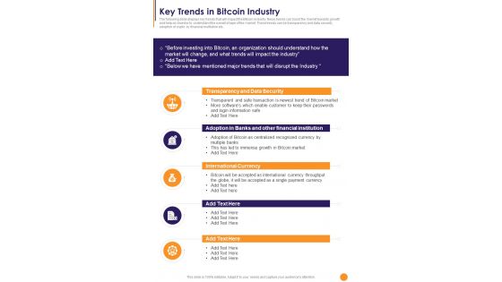 Bitcoin Playbook Key Trends In Bitcoin Industry One Pager Sample Example Document