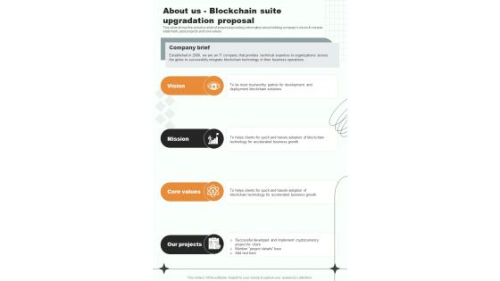 Blockchain Suite Upgradation For About Us One Pager Sample Example Document