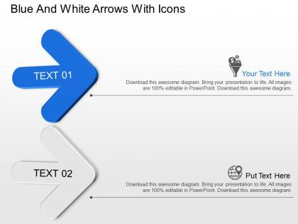 Blue and white arrows with icons powerpoint template slide
