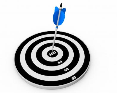 Blue arrow on target board for 100 percent goal achievement stock photo