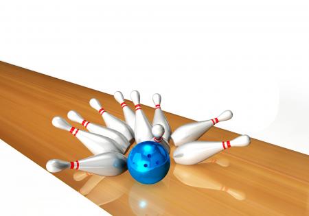 Blue ball hits the pins for bowling game stock photo