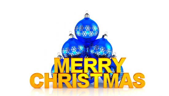 Blue color decorative balls with merry christmas stock photo