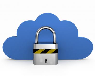 Blue colored cloud with silver lock displaying security stock photo