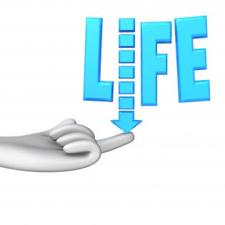 Blue text of life on hand with downward arrow stock photo