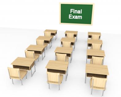 Board with final exam text and chairs stock photo