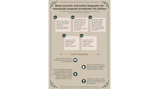 Book Overview And Author Biography For Manuscript Accelerator For Authors One Pager Sample Example Document