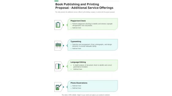 Book Publishing And Printing Proposal Additional Service Offerings One Pager Sample Example Document
