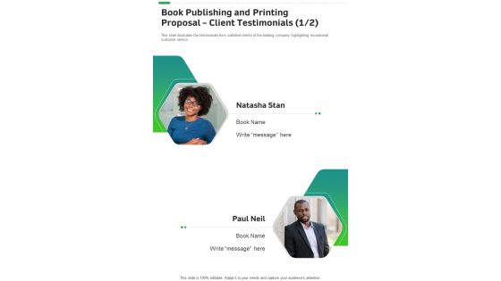 Book Publishing And Printing Proposal Client Testimonials One Pager Sample Example Document