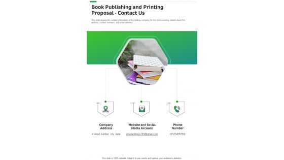 Book Publishing And Printing Proposal Contact Us One Pager Sample Example Document