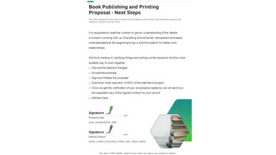 Book Publishing And Printing Proposal Next Steps One Pager Sample Example Document