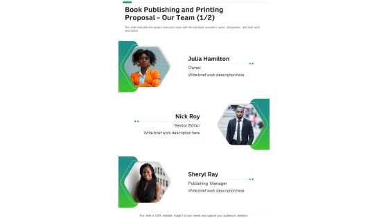 Book Publishing And Printing Proposal Our Team One Pager Sample Example Document