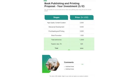 Book Publishing And Printing Proposal Your Investment One Pager Sample Example Document
