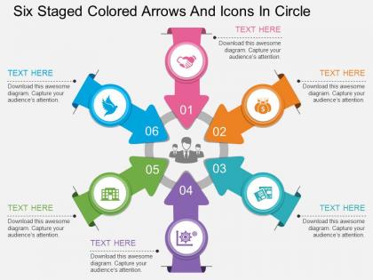 Bp six staged colored arrows and icons in circle flat powerpoint design