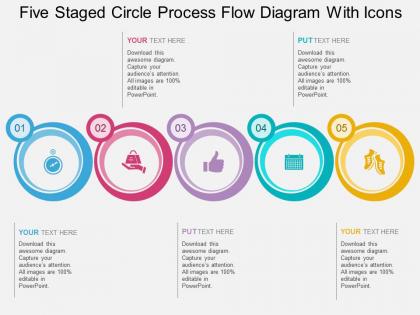 Br five staged circle process flow diagram with icons flat powerpoint design