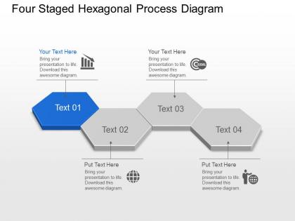 Br four staged hexagonal process diagram powerpoint template slide