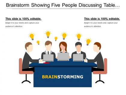 Brainstorm showing five people discussing table document and bulb