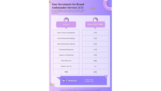 Brand Ambassador Services For Your Investment One Pager Sample Example Document