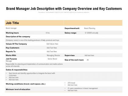 Brand manager job description with company overview and key customers