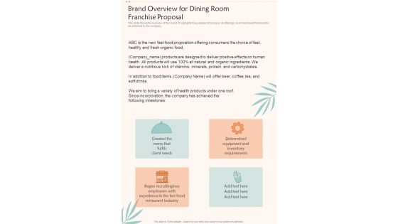 Brand Overview For Dining Room Franchise Proposal One Pager Sample Example Document