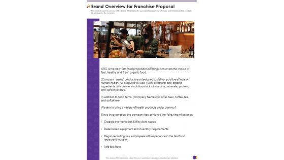 Brand Overview For Franchise Proposal One Pager Sample Example Document