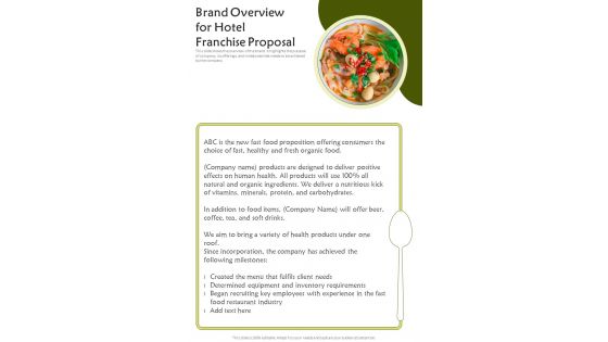 Brand Overview For Hotel Franchise Proposal One Pager Sample Example Document