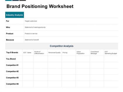 Brand positioning worksheet target customers ppt powerpoint presentation background image