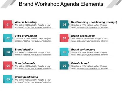 Brand workshop agenda elements example of ppt