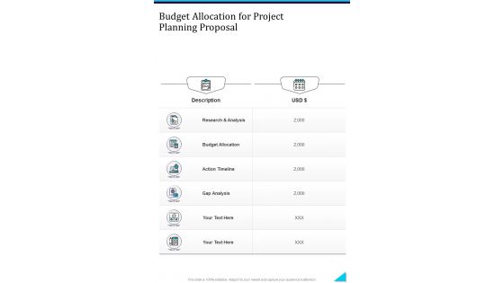 Budget Allocation For Project Planning Proposal One Pager Sample Example Document