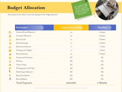 Budget allocation rebranding strategies ppt diagrams