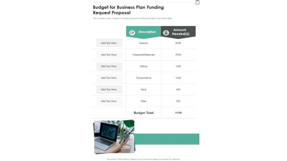 Budget For Business Plan Funding Request Proposal One Pager Sample Example Document