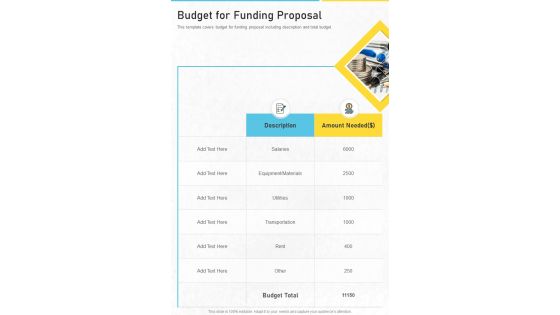 Budget For Funding Proposal One Pager Sample Example Document